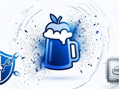 Homebrew 6.0 security model illustration with tap trust enforcement and Intel deprecation indicators, blue and white tech blog aesthetic