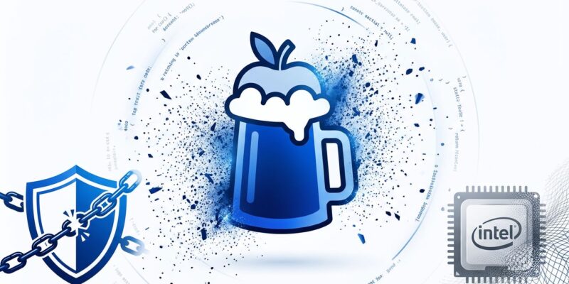 Homebrew 6.0 security model illustration with tap trust enforcement and Intel deprecation indicators, blue and white tech blog aesthetic