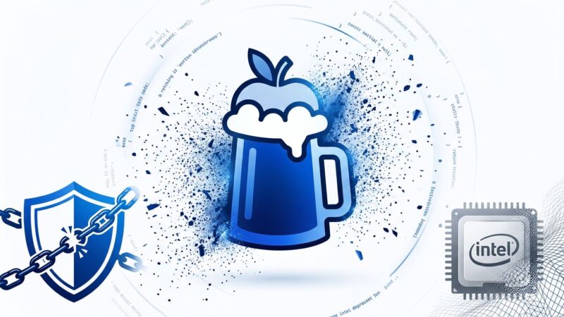 Homebrew 6.0 security model illustration with tap trust enforcement and Intel deprecation indicators, blue and white tech blog aesthetic