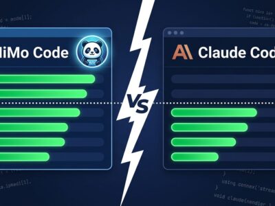 Split-screen comparison of MiMo Code and Claude Code terminal agents with benchmark bars showing MiMo Code's SWE-Bench Pro advantage