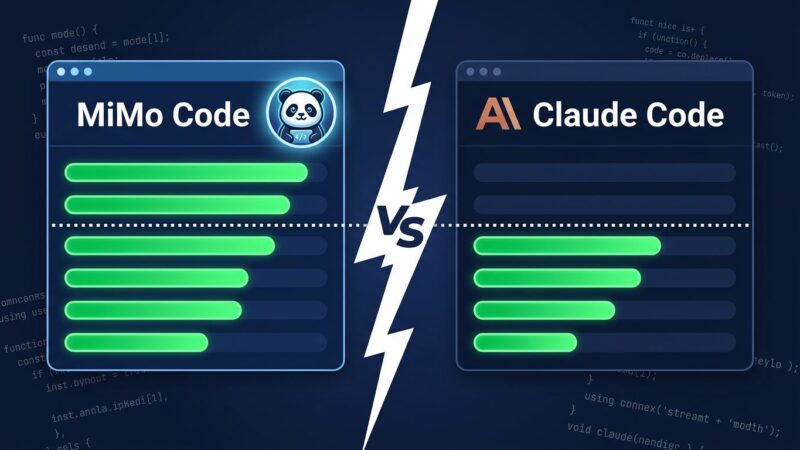 Split-screen comparison of MiMo Code and Claude Code terminal agents with benchmark bars showing MiMo Code's SWE-Bench Pro advantage