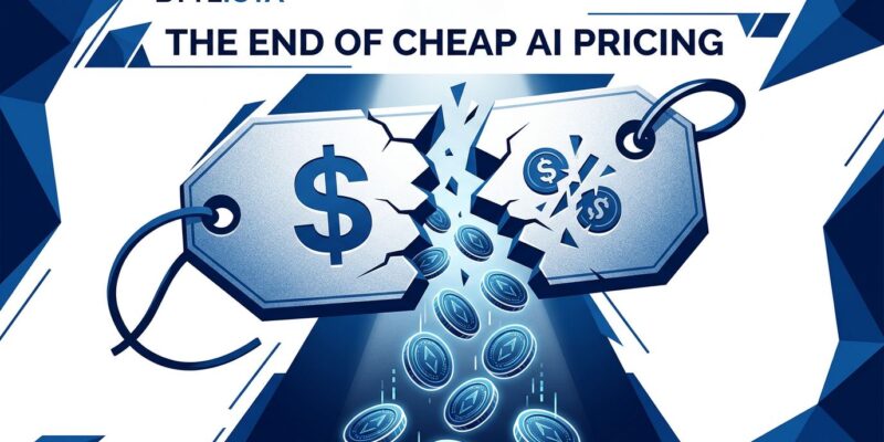 Cracked price tag with token coins cascading out, representing the end of flat-rate AI pricing in 2026
