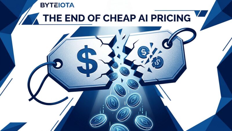Cracked price tag with token coins cascading out, representing the end of flat-rate AI pricing in 2026