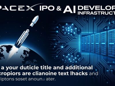SpaceX rocket launch with AI compute infrastructure and blue circuit patterns representing SPCX IPO implications for AI developers