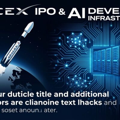 SpaceX rocket launch with AI compute infrastructure and blue circuit patterns representing SPCX IPO implications for AI developers