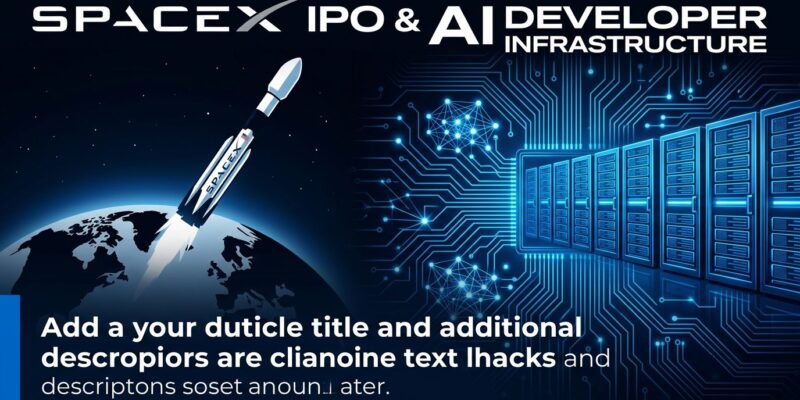 SpaceX rocket launch with AI compute infrastructure and blue circuit patterns representing SPCX IPO implications for AI developers