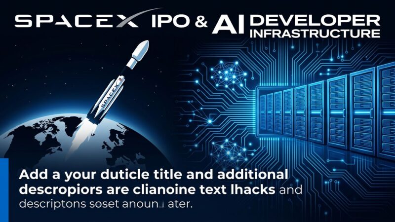 SpaceX rocket launch with AI compute infrastructure and blue circuit patterns representing SPCX IPO implications for AI developers
