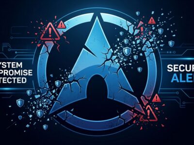 Arch Linux logo with security breach indicators representing the AUR malware campaign compromising 408 packages with an eBPF rootkit