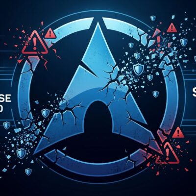 Arch Linux logo with security breach indicators representing the AUR malware campaign compromising 408 packages with an eBPF rootkit
