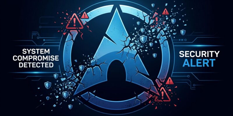 Arch Linux logo with security breach indicators representing the AUR malware campaign compromising 408 packages with an eBPF rootkit