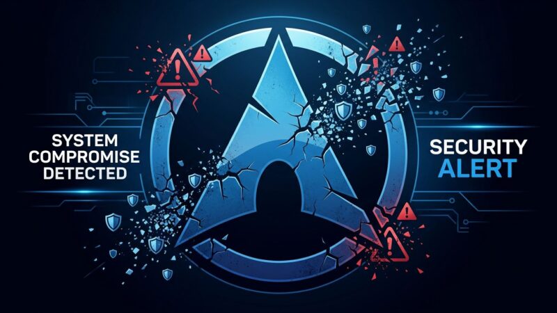 Arch Linux logo with security breach indicators representing the AUR malware campaign compromising 408 packages with an eBPF rootkit