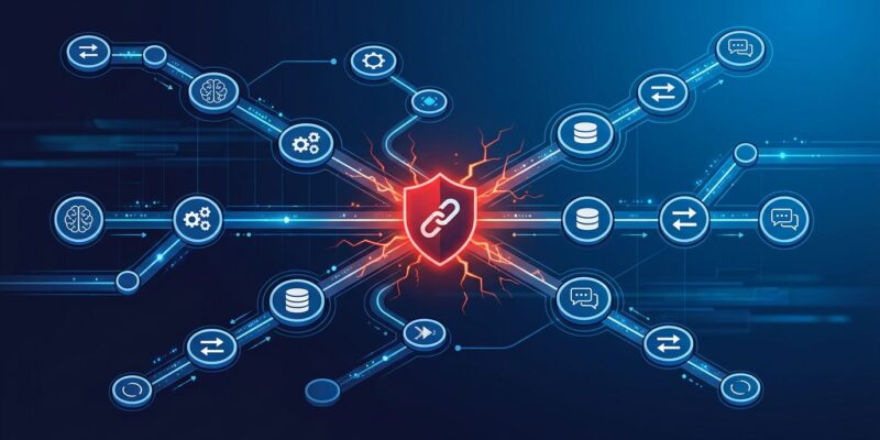 Langflow AI workflow builder interface with security warning shield showing CVE-2026-5027 path traversal vulnerability