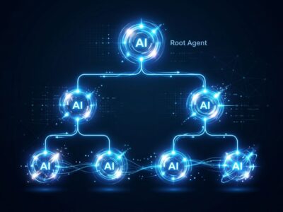 Abstract visualization of Claude Code nested sub-agent hierarchy tree with five glowing blue nodes on dark background