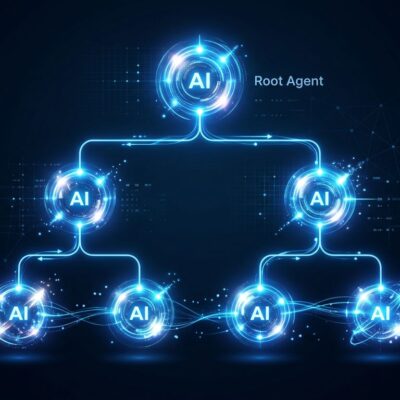 Abstract visualization of Claude Code nested sub-agent hierarchy tree with five glowing blue nodes on dark background