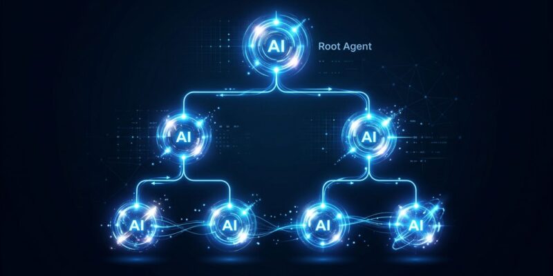 Abstract visualization of Claude Code nested sub-agent hierarchy tree with five glowing blue nodes on dark background