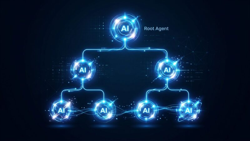 Abstract visualization of Claude Code nested sub-agent hierarchy tree with five glowing blue nodes on dark background