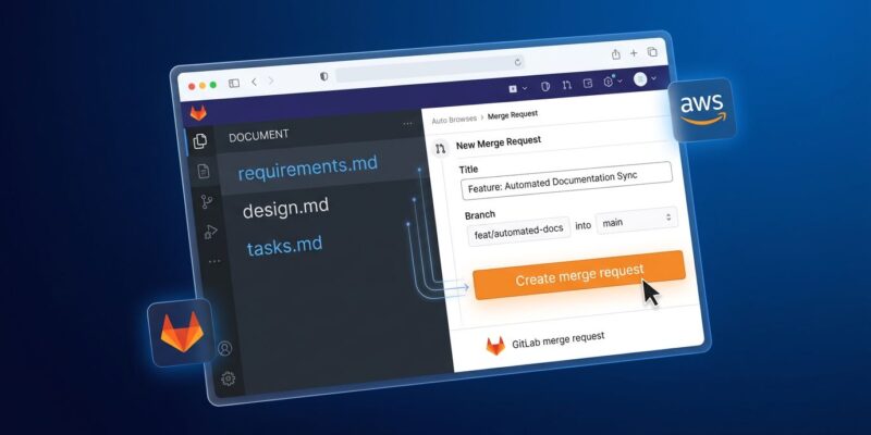 Kiro Web browser interface showing GitLab integration and spec-driven development workflow with requirements design and tasks files