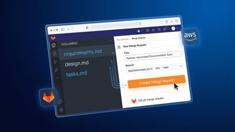 Kiro Web browser interface showing GitLab integration and spec-driven development workflow with requirements design and tasks files