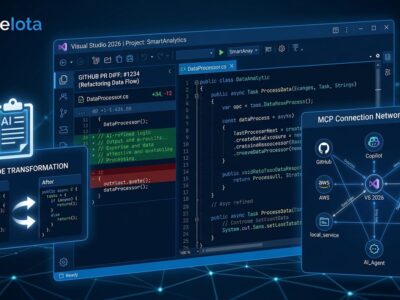 Visual Studio 2026 v18.7 IDE interface showing pull request review panel and Adaptive Paste AI transformation with MCP connection nodes