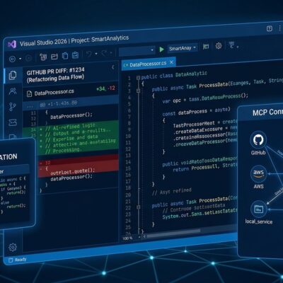 Visual Studio 2026 v18.7 IDE interface showing pull request review panel and Adaptive Paste AI transformation with MCP connection nodes