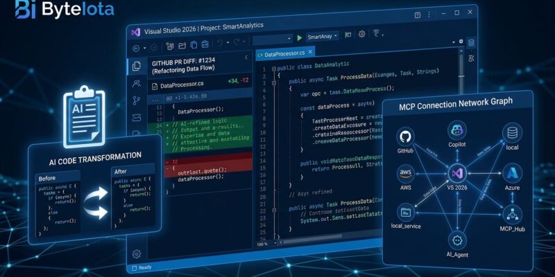 Visual Studio 2026 v18.7 IDE interface showing pull request review panel and Adaptive Paste AI transformation with MCP connection nodes