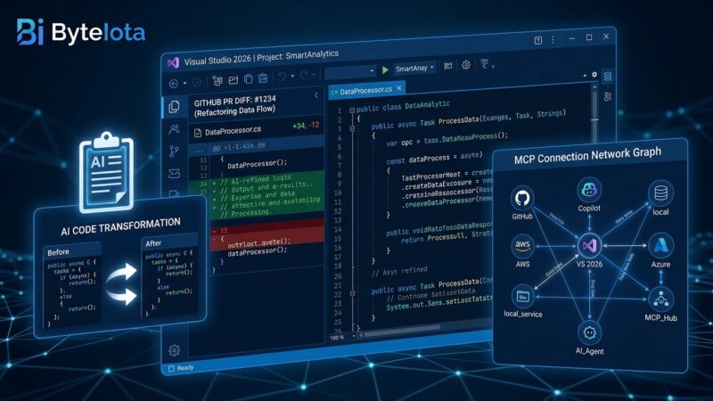 Visual Studio 2026 v18.7 IDE interface showing pull request review panel and Adaptive Paste AI transformation with MCP connection nodes