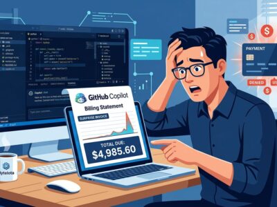 Developer looking at unexpectedly high GitHub Copilot bill with VS Code open in background