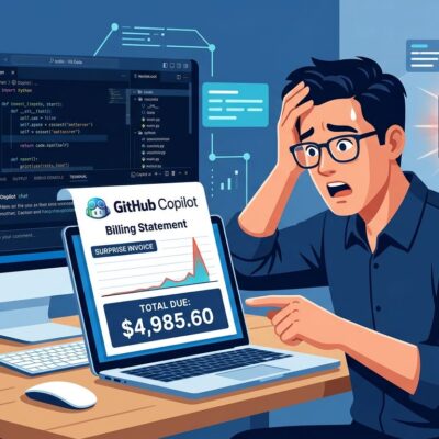 Developer looking at unexpectedly high GitHub Copilot bill with VS Code open in background