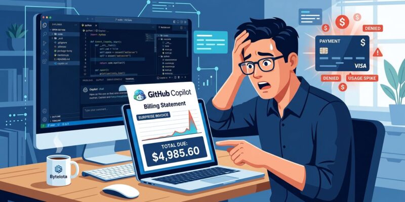 Developer looking at unexpectedly high GitHub Copilot bill with VS Code open in background