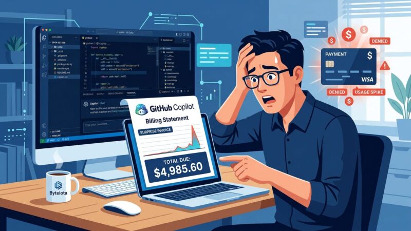 Developer looking at unexpectedly high GitHub Copilot bill with VS Code open in background