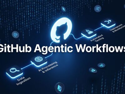 GitHub Agentic Workflows pipeline showing AI Credits billing model with workflow nodes and GitHub Octocat logo on dark blue background