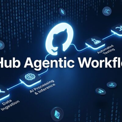 GitHub Agentic Workflows pipeline showing AI Credits billing model with workflow nodes and GitHub Octocat logo on dark blue background