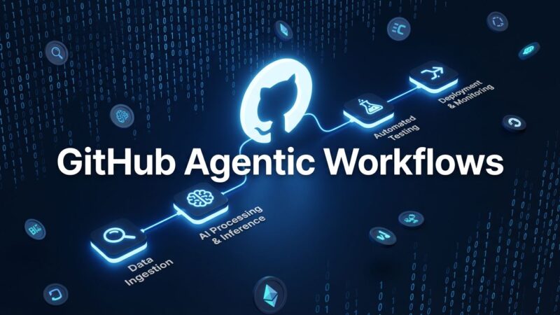 GitHub Agentic Workflows pipeline showing AI Credits billing model with workflow nodes and GitHub Octocat logo on dark blue background