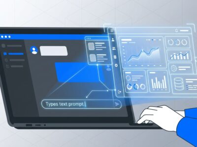 Developer typing a prompt into ChatGPT and a web dashboard appearing instantly — illustrating OpenAI Codex Sites