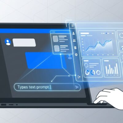 Developer typing a prompt into ChatGPT and a web dashboard appearing instantly — illustrating OpenAI Codex Sites