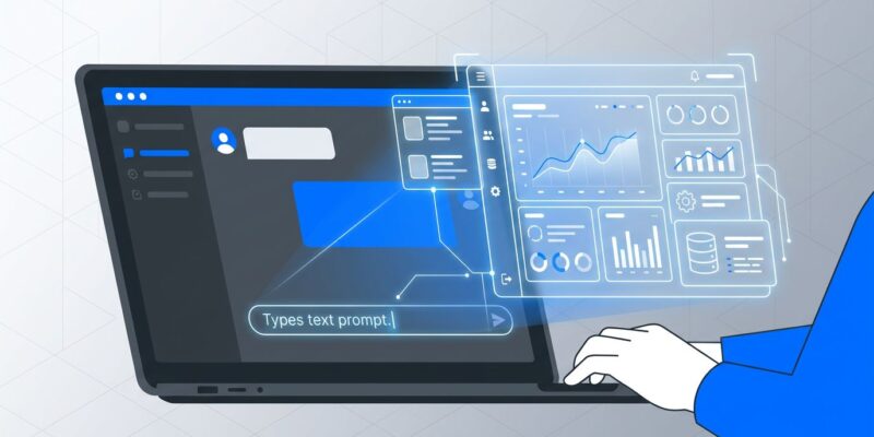 Developer typing a prompt into ChatGPT and a web dashboard appearing instantly — illustrating OpenAI Codex Sites