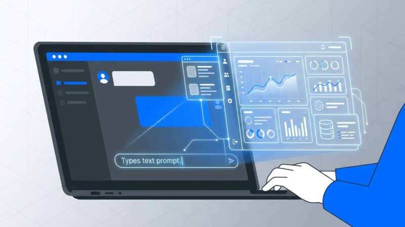 Developer typing a prompt into ChatGPT and a web dashboard appearing instantly — illustrating OpenAI Codex Sites