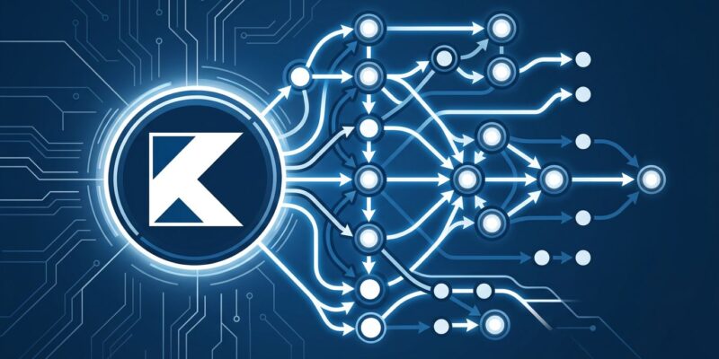Directed graph visualization representing Koog 1.0 AI agent workflows on the JVM with blue and white ByteIota brand colors