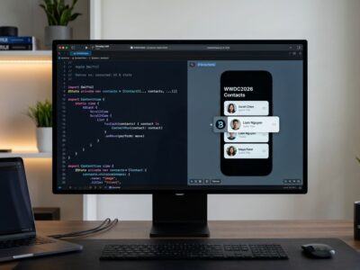 SwiftUI code on a dark Apple developer screen showing new WWDC 2026 features including AsyncImage caching and reorderable containers