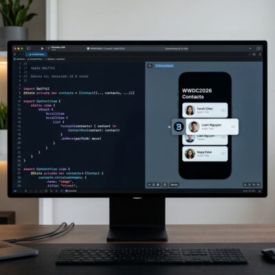 SwiftUI code on a dark Apple developer screen showing new WWDC 2026 features including AsyncImage caching and reorderable containers
