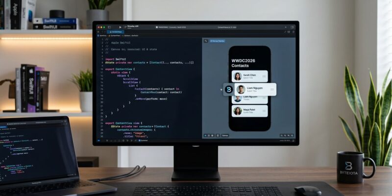 SwiftUI code on a dark Apple developer screen showing new WWDC 2026 features including AsyncImage caching and reorderable containers