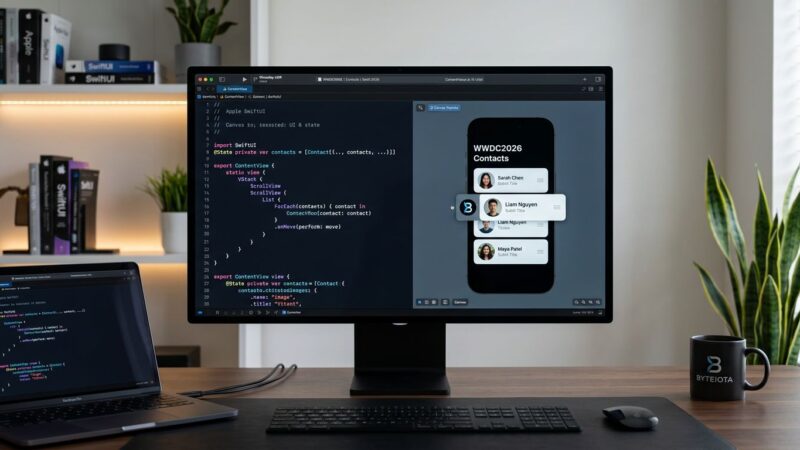 SwiftUI code on a dark Apple developer screen showing new WWDC 2026 features including AsyncImage caching and reorderable containers