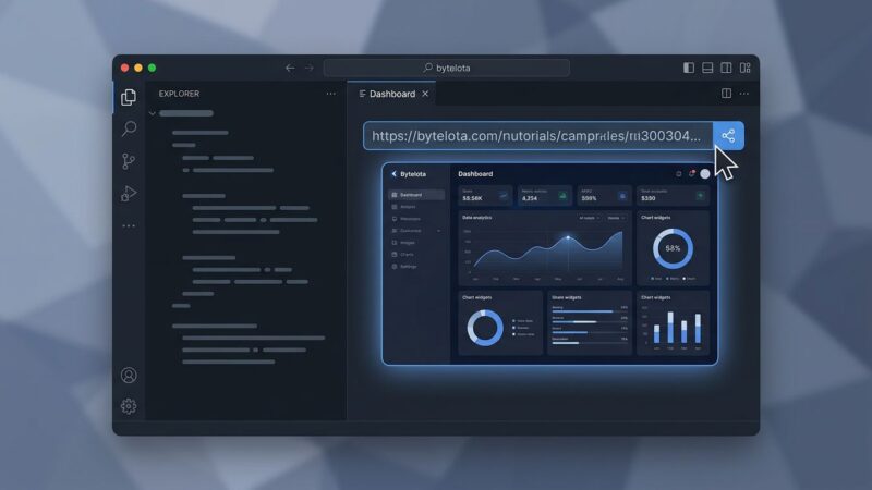 Cursor IDE showing a shared canvas with an interactive dashboard panel being published via URL to team members in a browser