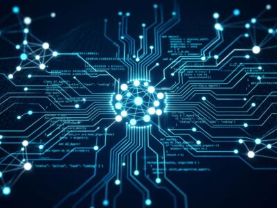 Abstract neural network nodes forming code patterns representing Kimi K2.7-Code open-weight coding agent in blue and white