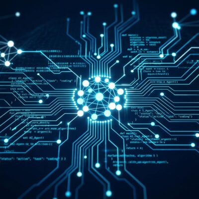 Abstract neural network nodes forming code patterns representing Kimi K2.7-Code open-weight coding agent in blue and white