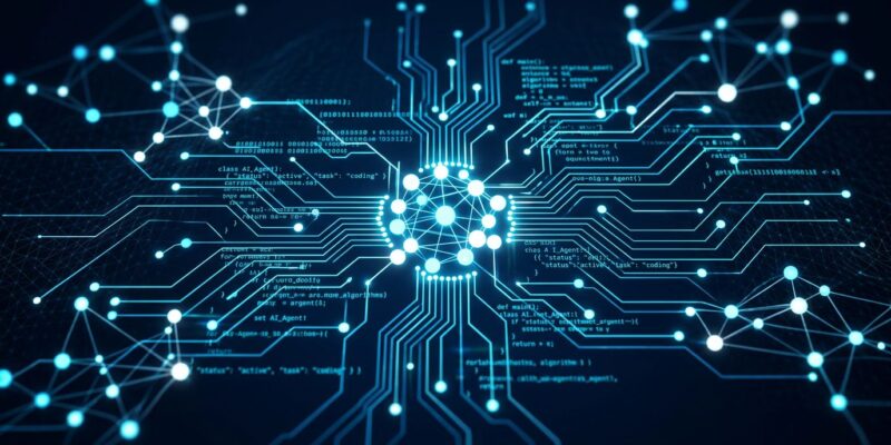 Abstract neural network nodes forming code patterns representing Kimi K2.7-Code open-weight coding agent in blue and white