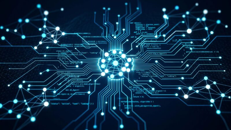 Abstract neural network nodes forming code patterns representing Kimi K2.7-Code open-weight coding agent in blue and white
