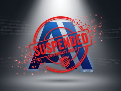 Claude AI logo with a government suspended stamp overlaid, representing the US export control ban on Fable 5 and Mythos 5