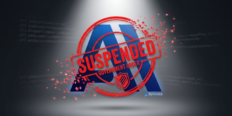 Claude AI logo with a government suspended stamp overlaid, representing the US export control ban on Fable 5 and Mythos 5