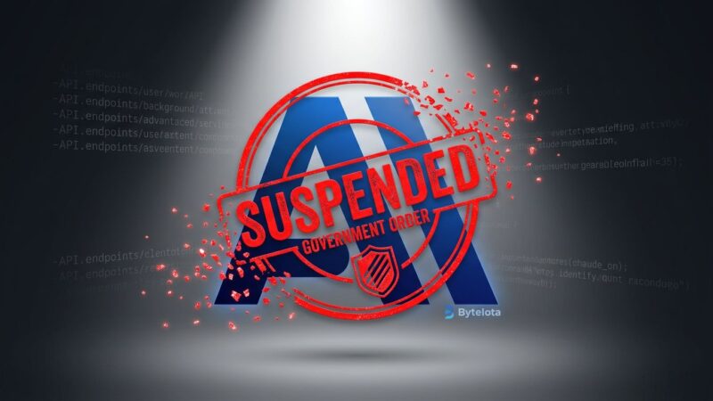 Claude AI logo with a government suspended stamp overlaid, representing the US export control ban on Fable 5 and Mythos 5